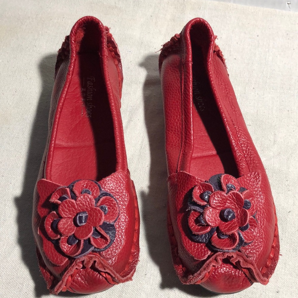Red Leather Moccasins Slip On